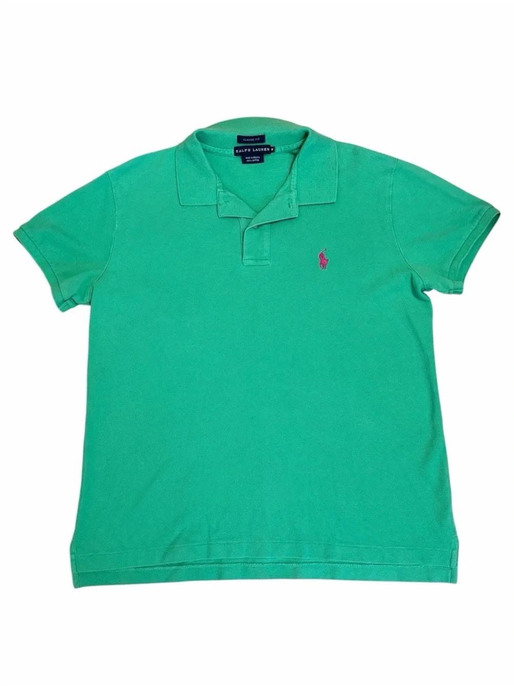 RALPH LAUREN Vintage Classic Fit Boys Medium (10-12) Green Polo with Pink Pony